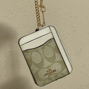 Coach Signature Card Case Wristlet in Khaki and White with Gold Hardware